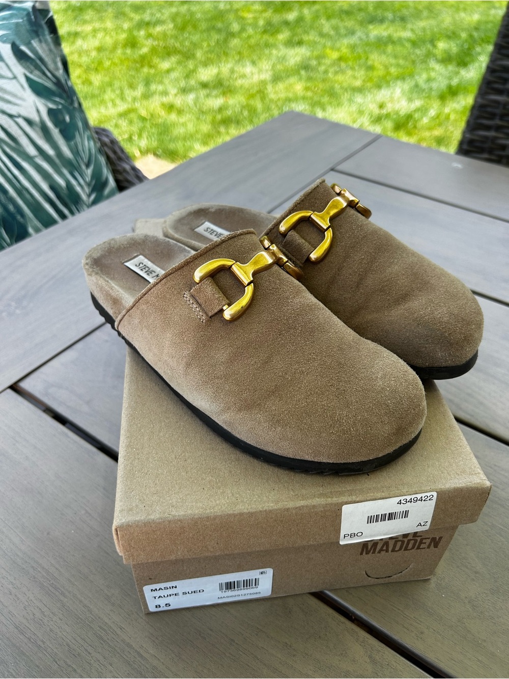 Steve Madden Mason Taupe Suede Mule Slides with Gold Hardware